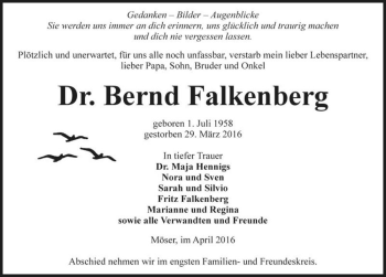 Traueranzeige von Dr. Bernd Falkenberg  von Magdeburger Volksstimme