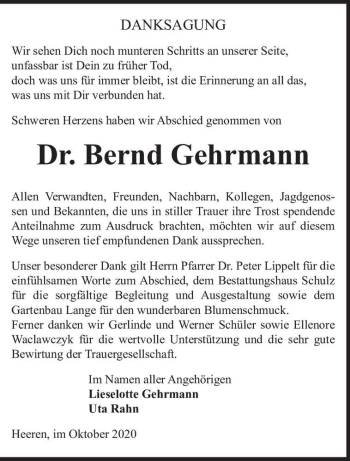 Traueranzeige von Dr. Bernd Gehrmann  von Magdeburger Volksstimme