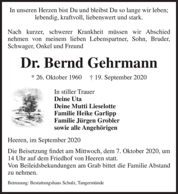 Traueranzeige von Dr. Bernd Gehrmann  von Magdeburger Volksstimme