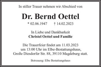 Traueranzeige von Dr. Bernd Oettel  von Magdeburger Volksstimme