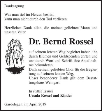 Traueranzeige von Dr. Bernd Rossel  von Magdeburger Volksstimme