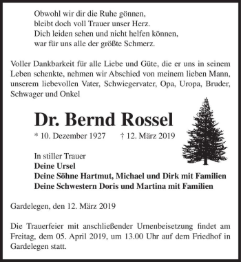 Traueranzeige von Dr. Bernd Rossel  von Magdeburger Volksstimme