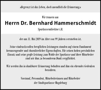 Traueranzeige von Dr. Bernhard Hammerschmidt  von Magdeburger Volksstimme