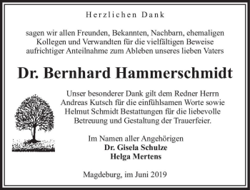 Traueranzeige von Dr. Bernhard Hammerschmidt  von Magdeburger Volksstimme