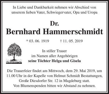 Traueranzeige von Dr. Bernhard Hammerschmidt  von Magdeburger Volksstimme