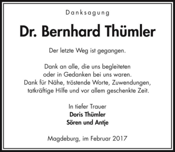 Traueranzeige von Dr. Bernhard Thümler  von Magdeburger Volksstimme