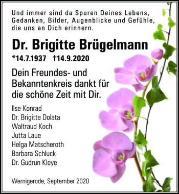 Traueranzeige von Dr. Brigitte Brügelmann  von Magdeburger Volksstimme
