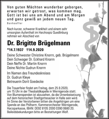Traueranzeige von Dr. Brigitte Brügelmann  von Magdeburger Volksstimme