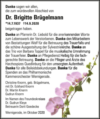 Traueranzeige von Dr. Brigitte Brügelmann  von Magdeburger Volksstimme