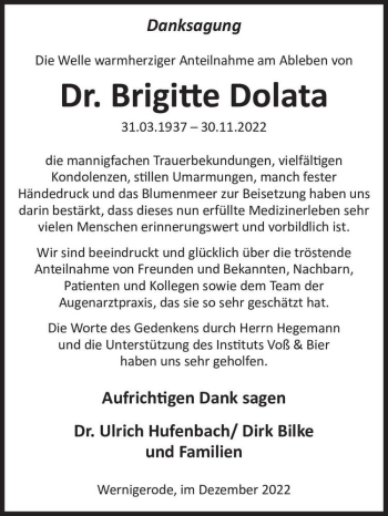 Traueranzeige von Dr. Brigitte Dolata  von Magdeburger Volksstimme