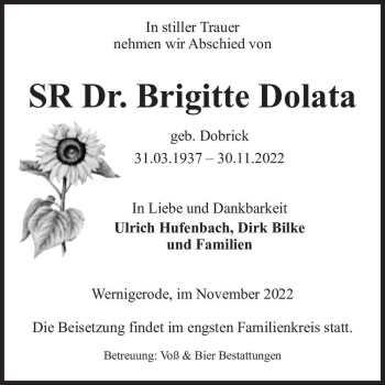 Traueranzeige von Dr. Brigitte Dolata (geb. Dobrick)  von Magdeburger Volksstimme