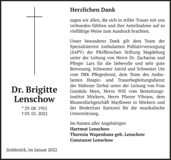 Traueranzeige von Dr. Brigitte Lenschow  von Magdeburger Volksstimme