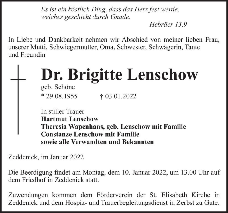  Traueranzeige für Dr. Brigitte Lenschow  vom 08.01.2022 aus Magdeburger Volksstimme