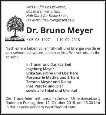 Traueranzeige von Dr. Bruno Meyer  von Magdeburger Volksstimme