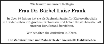 Traueranzeige von Dr. Bärbel Luise Frank  von Magdeburger Volksstimme