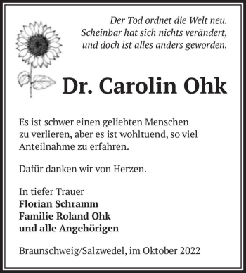 Traueranzeige von Dr. Carolin Ohk  von Magdeburger Volksstimme