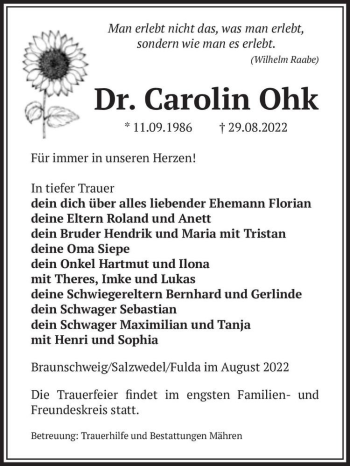 Traueranzeige von Dr. Carolin Ohk  von Magdeburger Volksstimme