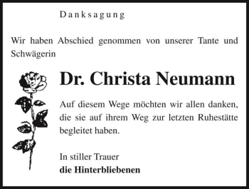 Traueranzeige von Dr. Christa Neumann  von Magdeburger Volksstimme