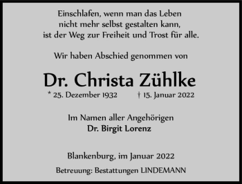 Traueranzeige von Dr. Christa Zühlke  von Magdeburger Volksstimme