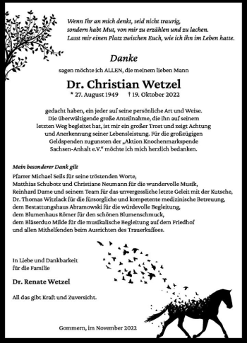 Traueranzeige von Dr. Christian Wetzel  von Magdeburger Volksstimme