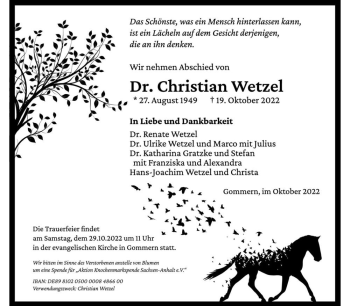 Traueranzeige von Dr. Christian Wetzel  von Magdeburger Volksstimme