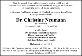 Traueranzeige von Dr. Christine Neumann (geb. Wunderlich)  von Magdeburger Volksstimme
