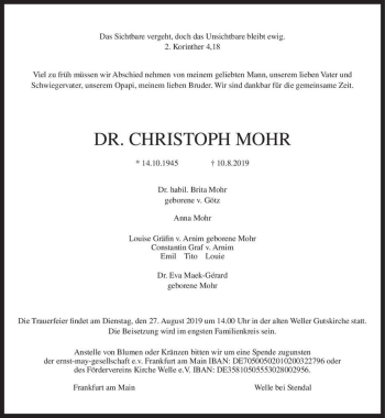 Traueranzeige von Dr. Christoph Mohr  von Magdeburger Volksstimme