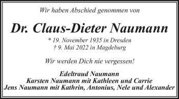 Traueranzeige von Dr. Claus-Dieter Naumann  von Magdeburger Volksstimme