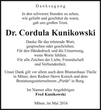 Traueranzeige von Dr. Cordula Kunikowski  von Magdeburger Volksstimme