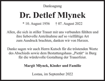 Traueranzeige von Dr. Detlef Mlynek  von Magdeburger Volksstimme