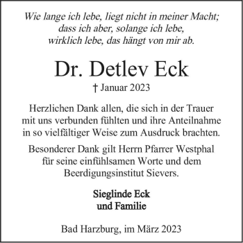 Traueranzeige von Dr. Detlev Eck  von Magdeburger Volksstimme
