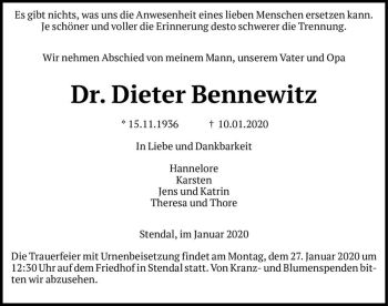 Traueranzeige von Dr. Dieter Bennewitz  von Magdeburger Volksstimme