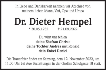 Traueranzeige von Dr. Dieter Hempel  von Magdeburger Volksstimme