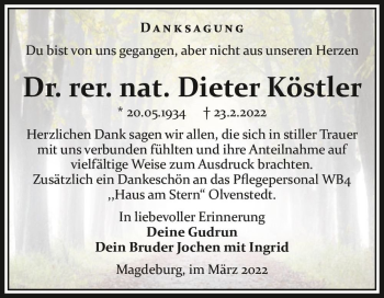 Traueranzeige von Dr. Dieter Köstler  von Magdeburger Volksstimme