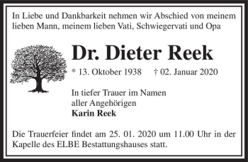 Traueranzeige von Dr. Dieter Reek  von Magdeburger Volksstimme