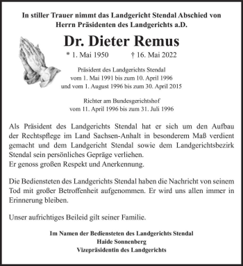 Traueranzeige von Dr. Dieter Remus  von Magdeburger Volksstimme
