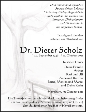 Traueranzeige von Dr. Dieter Scholz  von Magdeburger Volksstimme