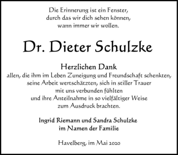 Traueranzeige von Dr. Dieter Schulzke  von Magdeburger Volksstimme