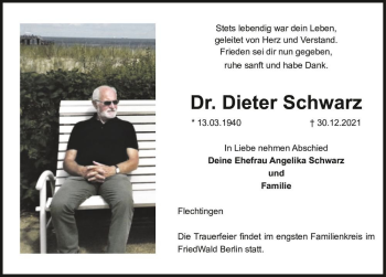 Traueranzeige von Dr. Dieter Schwarz  von Magdeburger Volksstimme