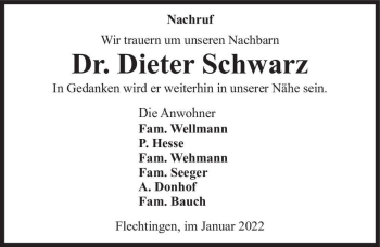 Traueranzeige von Dr. Dieter Schwarz  von Magdeburger Volksstimme