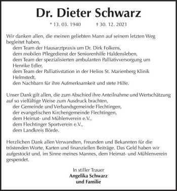 Traueranzeige von Dr. Dieter Schwarz  von Magdeburger Volksstimme