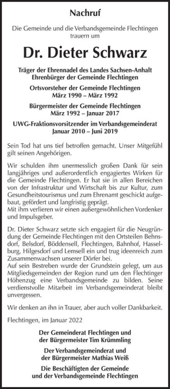 Traueranzeige von Dr. Dieter Schwarz  von Magdeburger Volksstimme