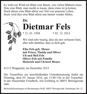 Traueranzeige von Dr. Dietmar Fels  von Magdeburger Volksstimme