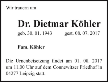Traueranzeige von Dr. Dietmar Köhler  von Magdeburger Volksstimme