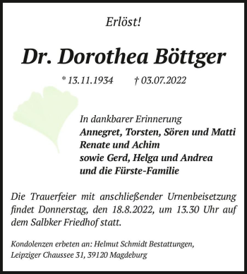 Traueranzeige von Dr. Dorothea Böttger  von Magdeburger Volksstimme