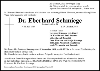 Traueranzeige von Dr. Eberhard Schmiege  von Magdeburger Volksstimme