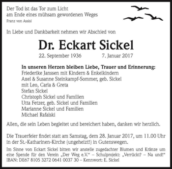 Traueranzeige von Dr. Eckart Sickel  von Magdeburger Volksstimme