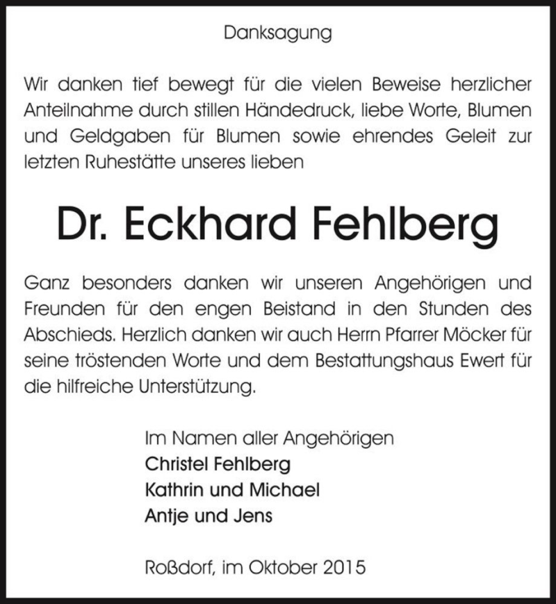  Traueranzeige für Dr. Eckhard Fehlberg  vom 14.10.2015 aus Magdeburger Volksstimme