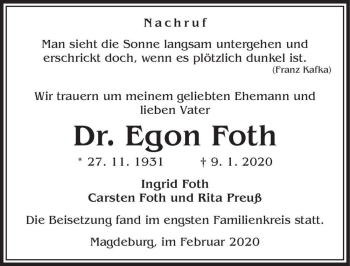 Traueranzeige von Dr. Egon Foth  von Magdeburger Volksstimme