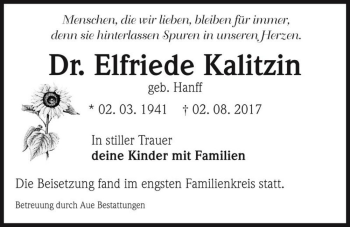 Traueranzeige von Dr. Elfriede Kalitzin (geb. Hanff)  von Magdeburger Volksstimme